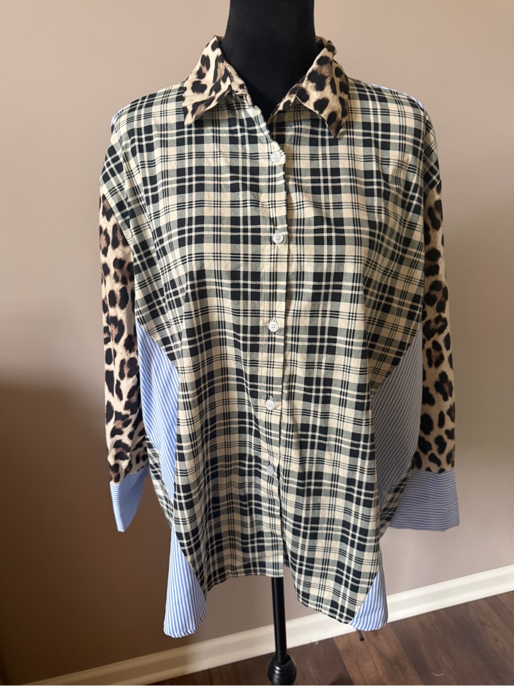 Made in Italy Button Shirt in Beige Plaid, Leopard and Stripes ONE Size